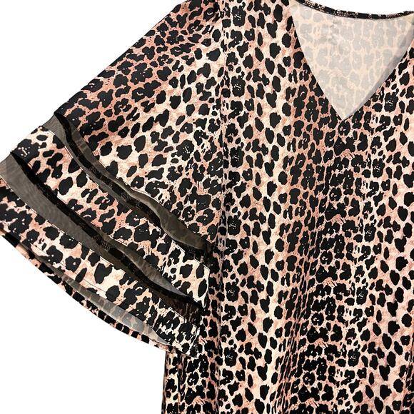 Luvamia V Neck 3/4 Bell Sleeve Animal Print Leopard Mesh Shirt Top - Picture 4 of 6